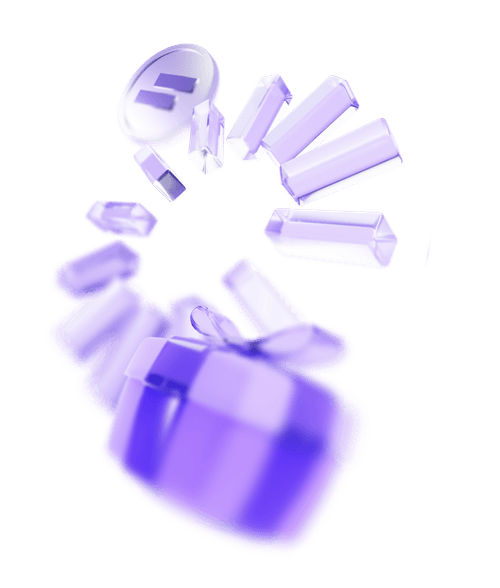 3D purple translucent gift box with a ribbon and floating rectangular shapes above it.
