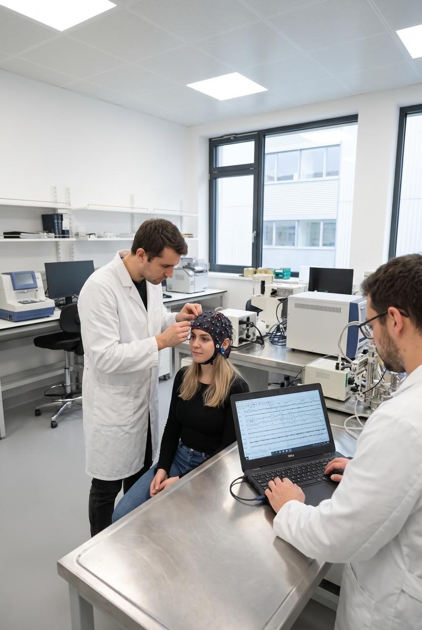 Scientist fits EEG cap on woman as another monitors brainwave data on laptop in a lab.