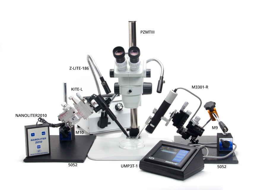 WPI M3301 micromanipulator microinjection setup with stereo microscope