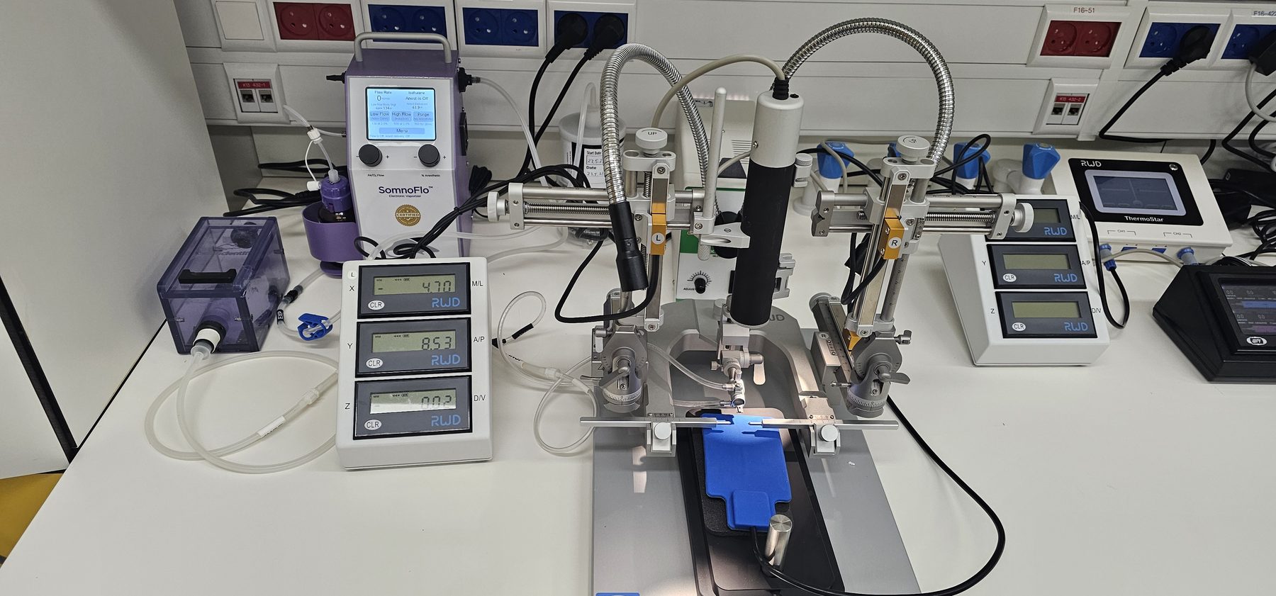 Close-up of the RWD stereotaxic station with SomnoFlo vaporizer at the Tal Iram Lab