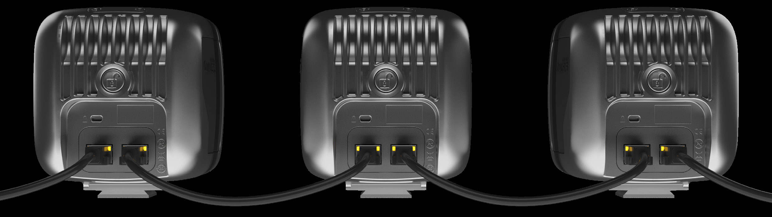 Arqus camera with green LED status ring showing a 32-camera ID on the OLED display