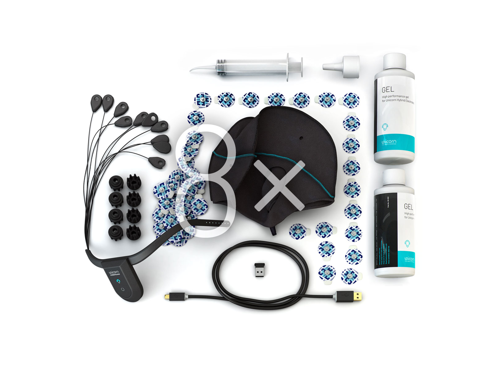 Complete Unicorn Education Kit with eight Hybrid Black EEG headsets