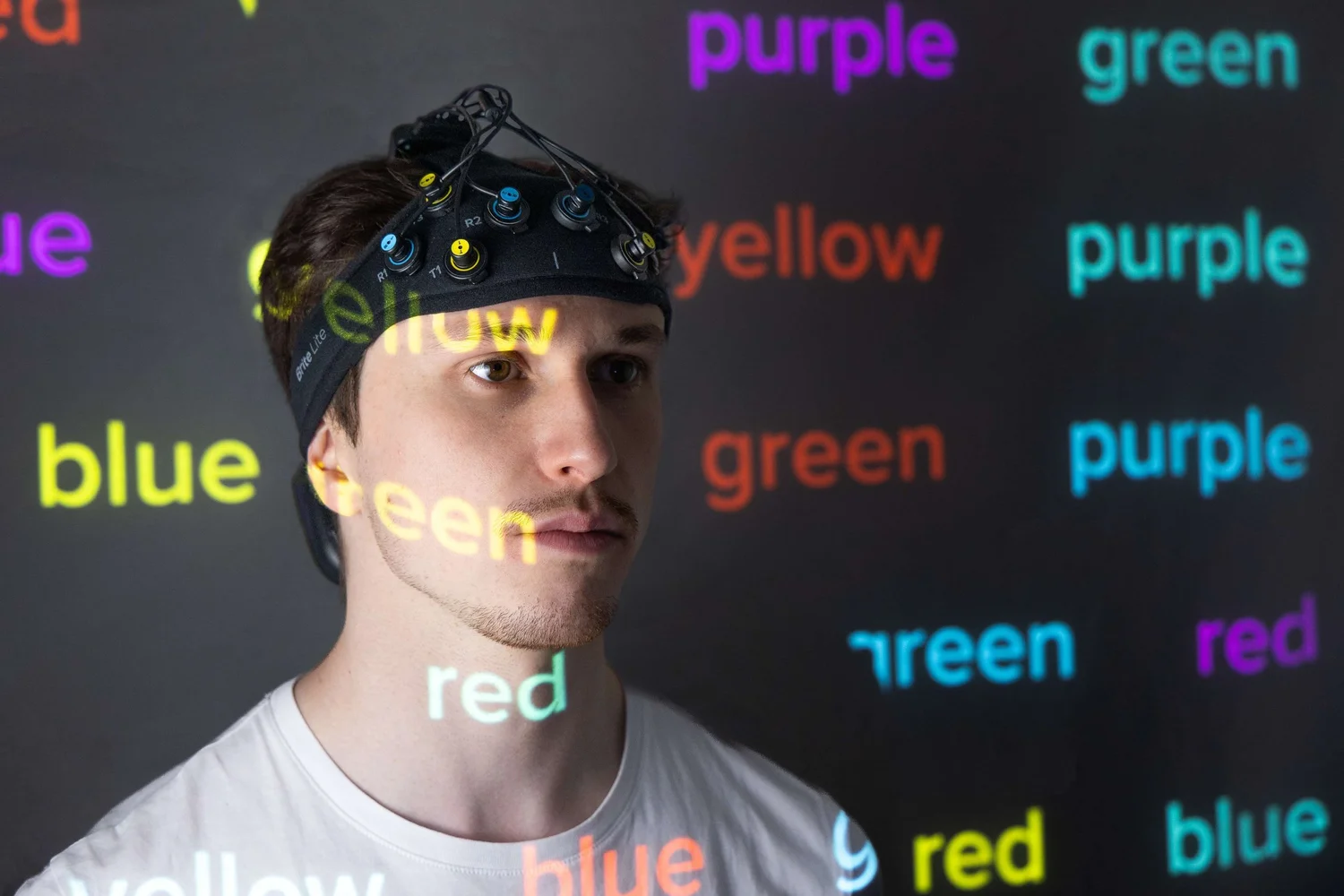 Participant wearing the Brite Lite Frontal fNIRS headband