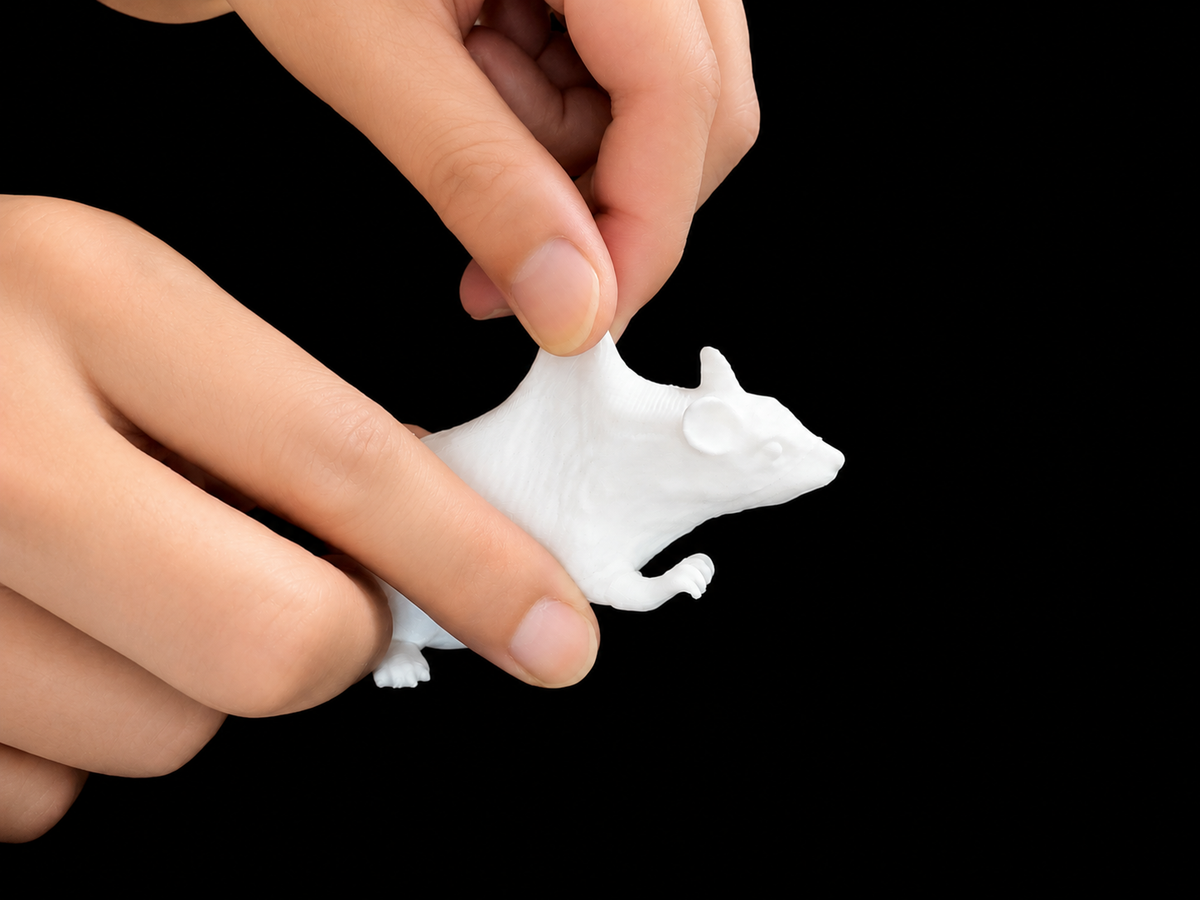 Scruffing the Humaneway LaboPal mouse simulator between finger and thumb