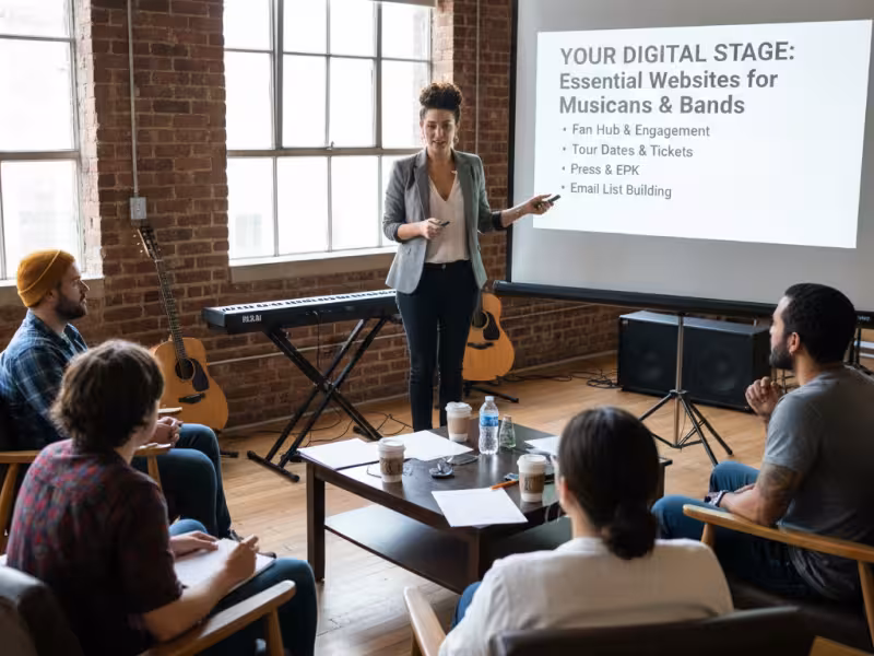 A woman in a blazer giving a presentation to 4 musicians about the importance of a website for musicians and bands.