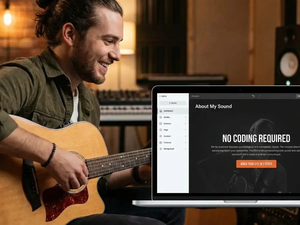 A man playing guitar with his laptop open to a website builder for musicians.