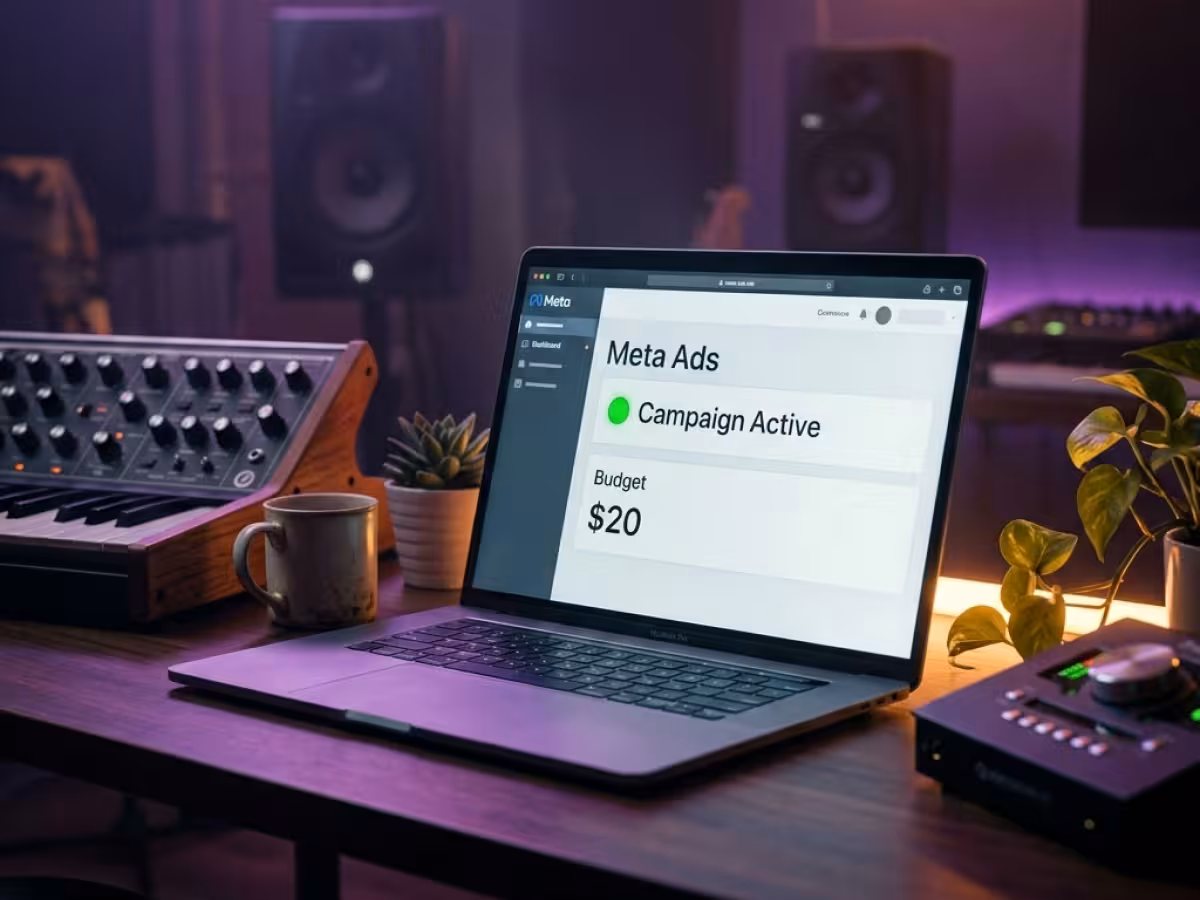 A 2026 indie musician's home studio desk featuring a laptop screen displaying a Meta Ads dashboard with a $20 budget, surrounded by studio monitors and warm neon lighting.