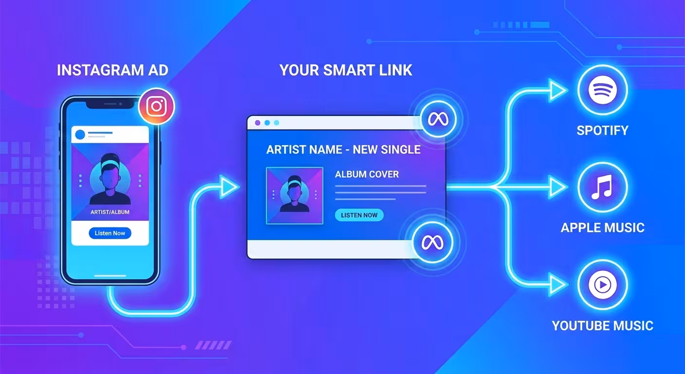 A flat-design infographic showing a user journey from a Meta ad to a "Smart Link" landing page with a Meta Pixel icon, which then branches out to Spotify and Apple Music icons.