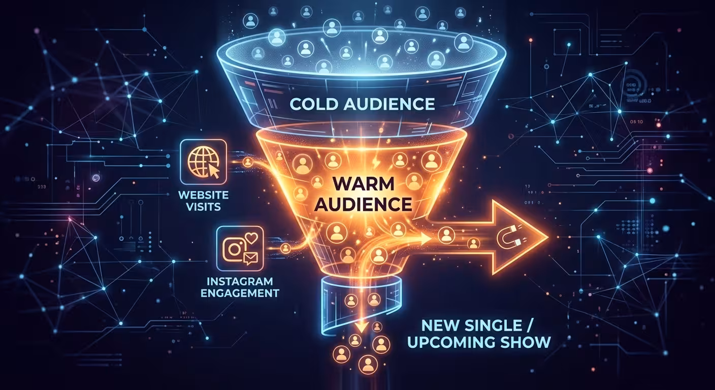 A glowing digital marketing funnel showing "Website Visitors" and "Instagram Engagement" being funneled into a high-conversion "Warm Audience" for a music release.