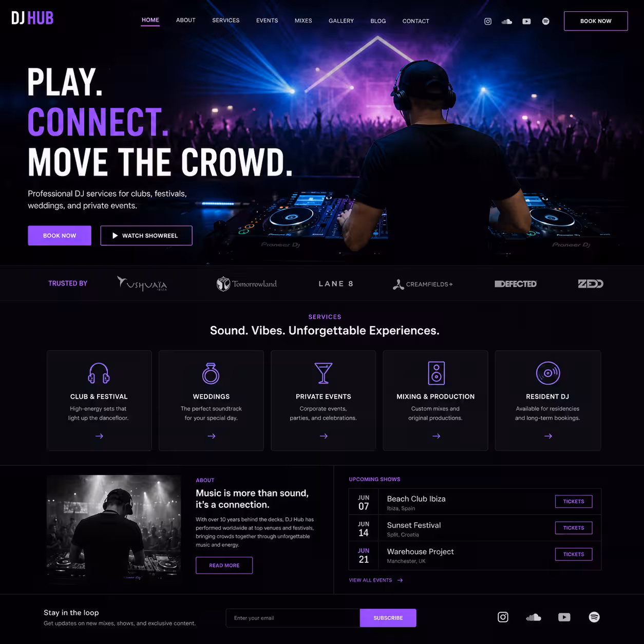A preview of a DJ's website built with About My Sound.