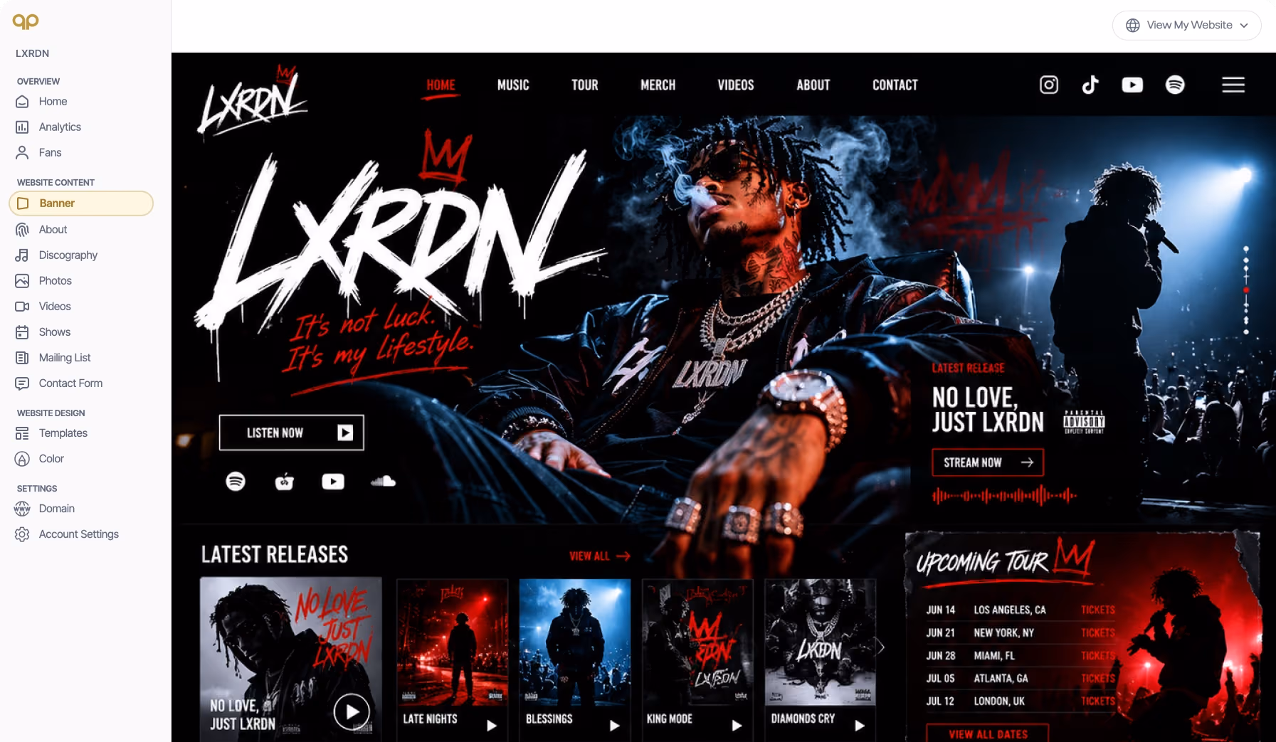 An image of About My Sound's website builder opened to the dashboard tab showing a rapper editing their website.