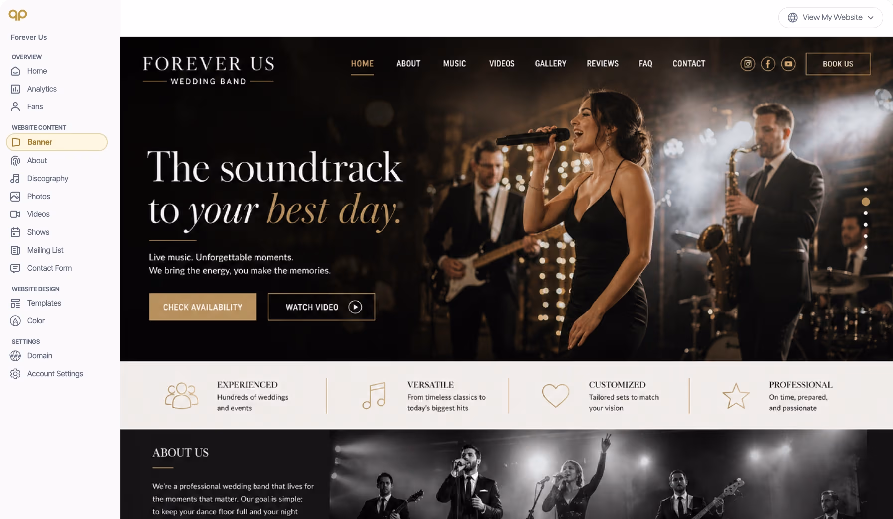 An image of About My Sound's website builder opened to the dashboard tab showing a wedding band editing their website.