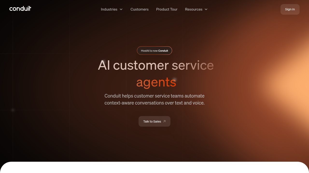 Conduit conversational AI platform homepage showing native voice, SMS, and chat integration features