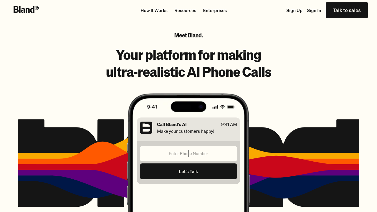 Bland AI platform homepage screenshot showing voice AI features and enterprise security compliance for lending