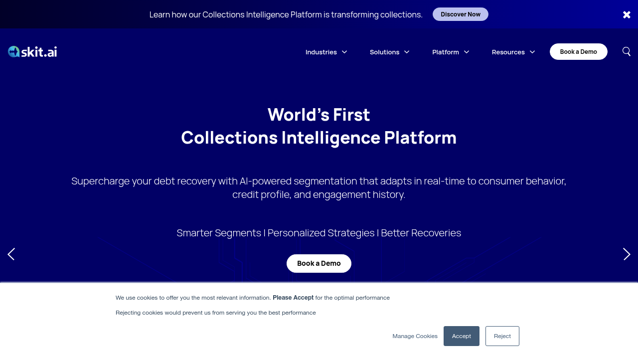Screenshot of Skit.ai's conversational AI platform for debt collection showing their specialized collection automation features