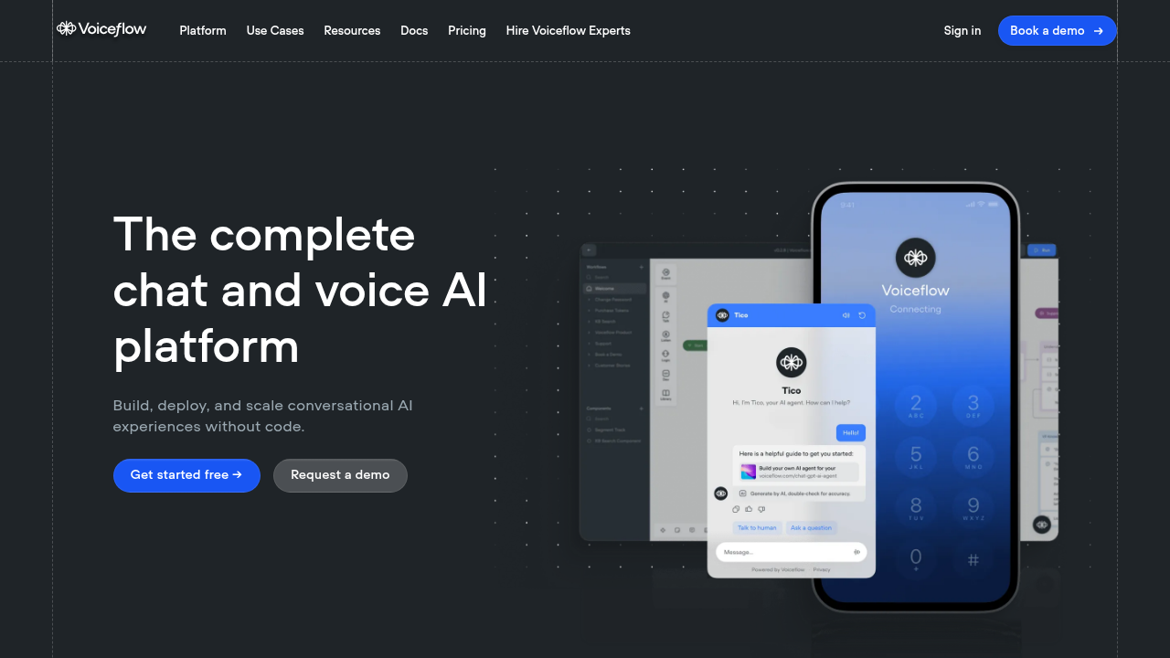 Voiceflow platform interface showing voice-first AI conversation builder for mortgage broker applications