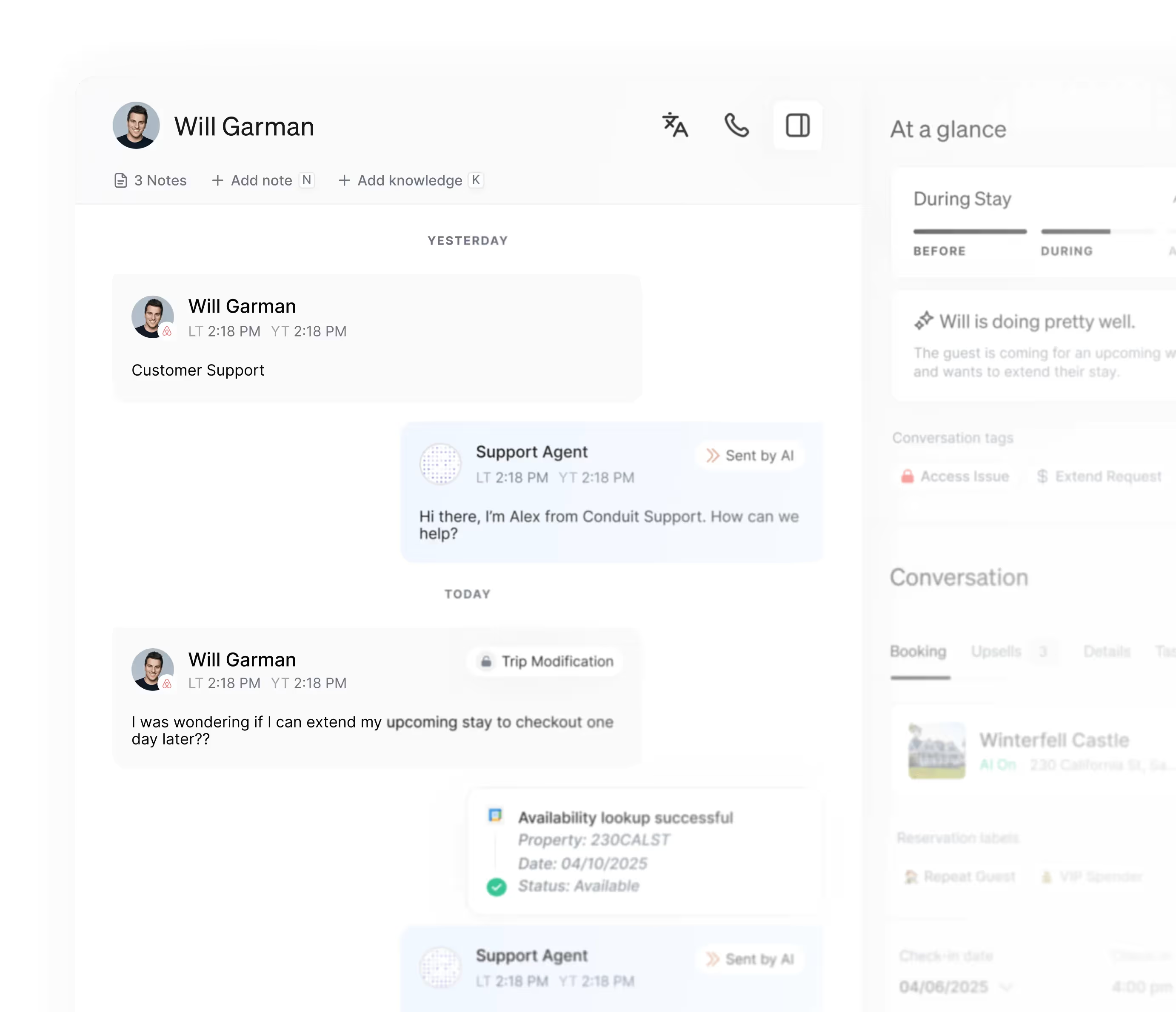 Customer support chat interface showing AI-powered guest communication driving booking conversion and upsell revenue for STR operators.