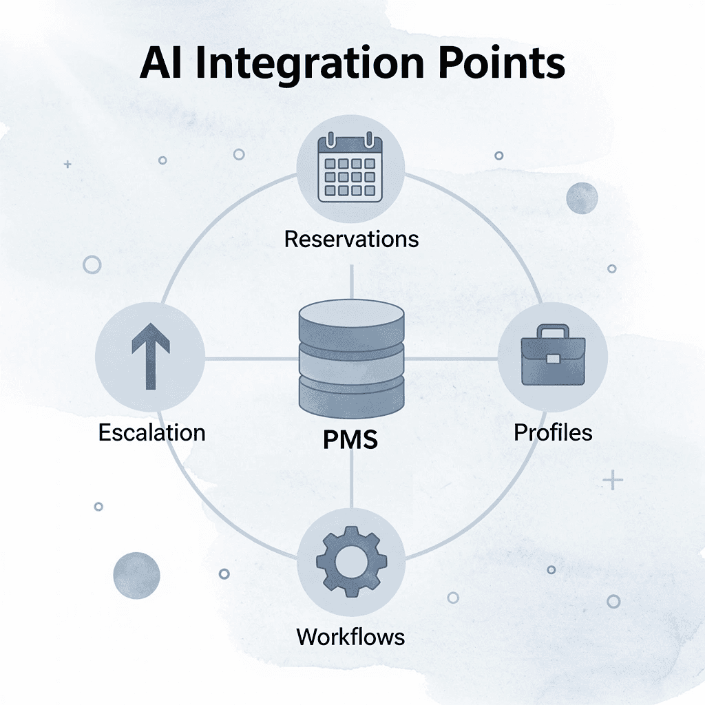 Hub and spoke diagram showing AI system connected to PMS, reservations, profiles, workflows, and escalation processes - AI Communications for Hotels