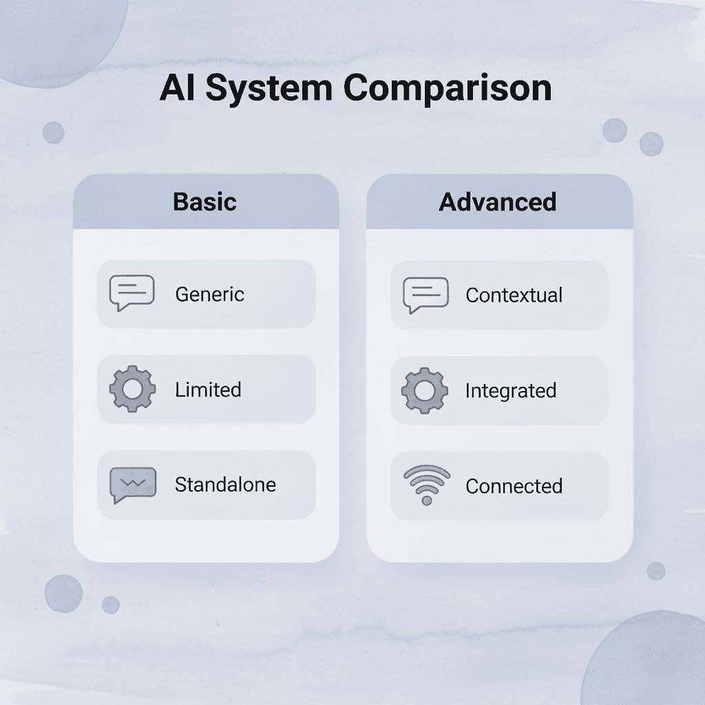 Comparison table showing differences between basic and advanced AI systems - AI Communications for Hotels