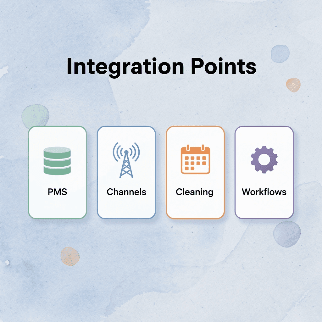Four integration points showing PMS, channels, cleaning, and workflows - AI For Airbnb Hosts