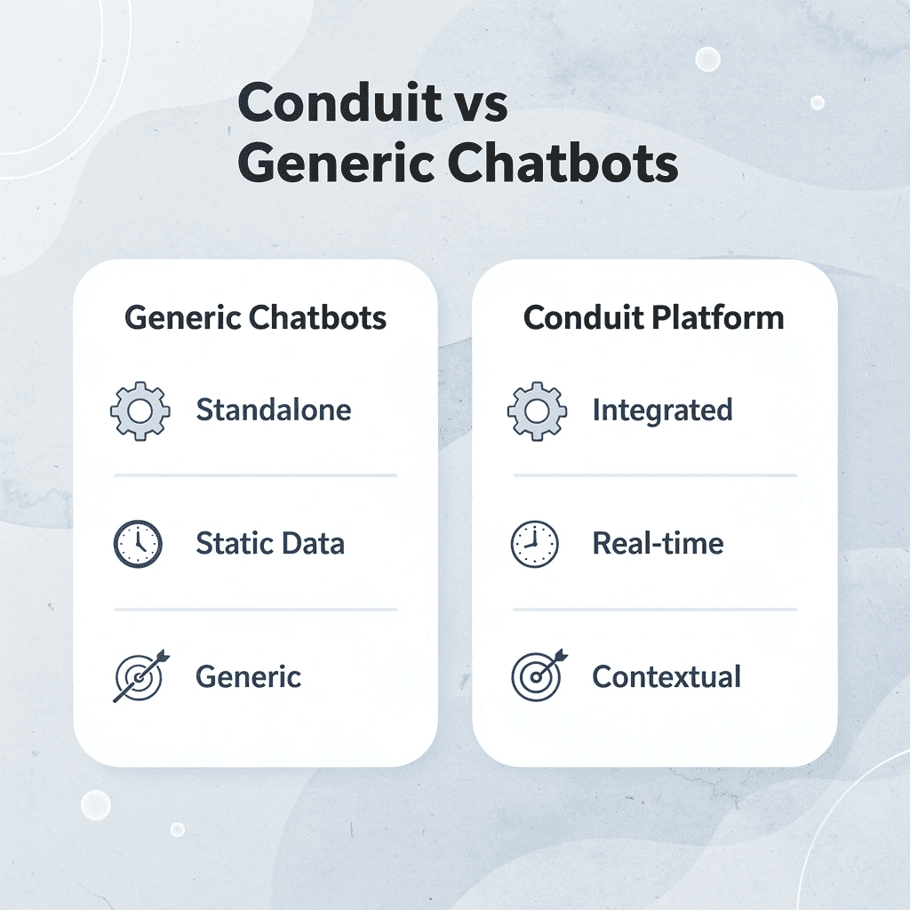 Comparison between generic chatbots and Conduit platform features - AI for Vacation Rentals
