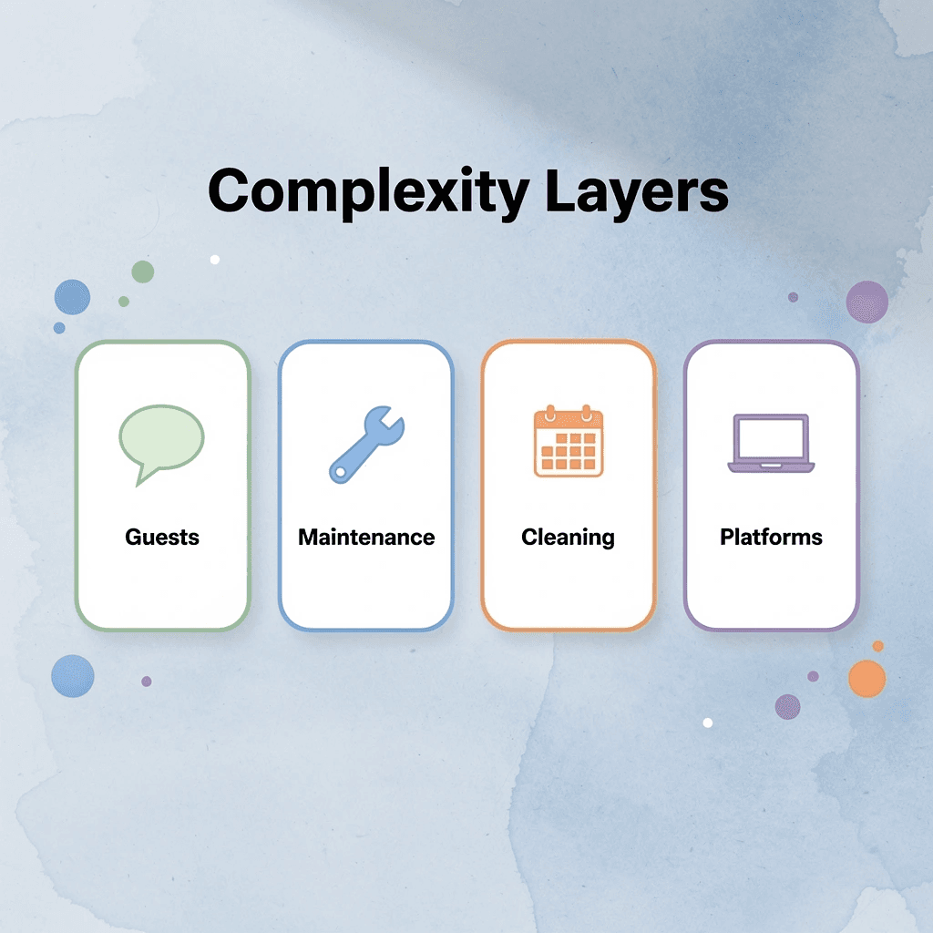 Infographic showing four complexity layers in vacation rental operations - AI for Vacation Rentals
