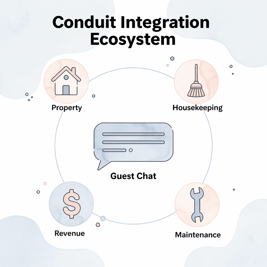 Hub and spoke diagram showing Conduit AI at center connected to guest communication, property management, housekeeping, maintenance, and revenue systems