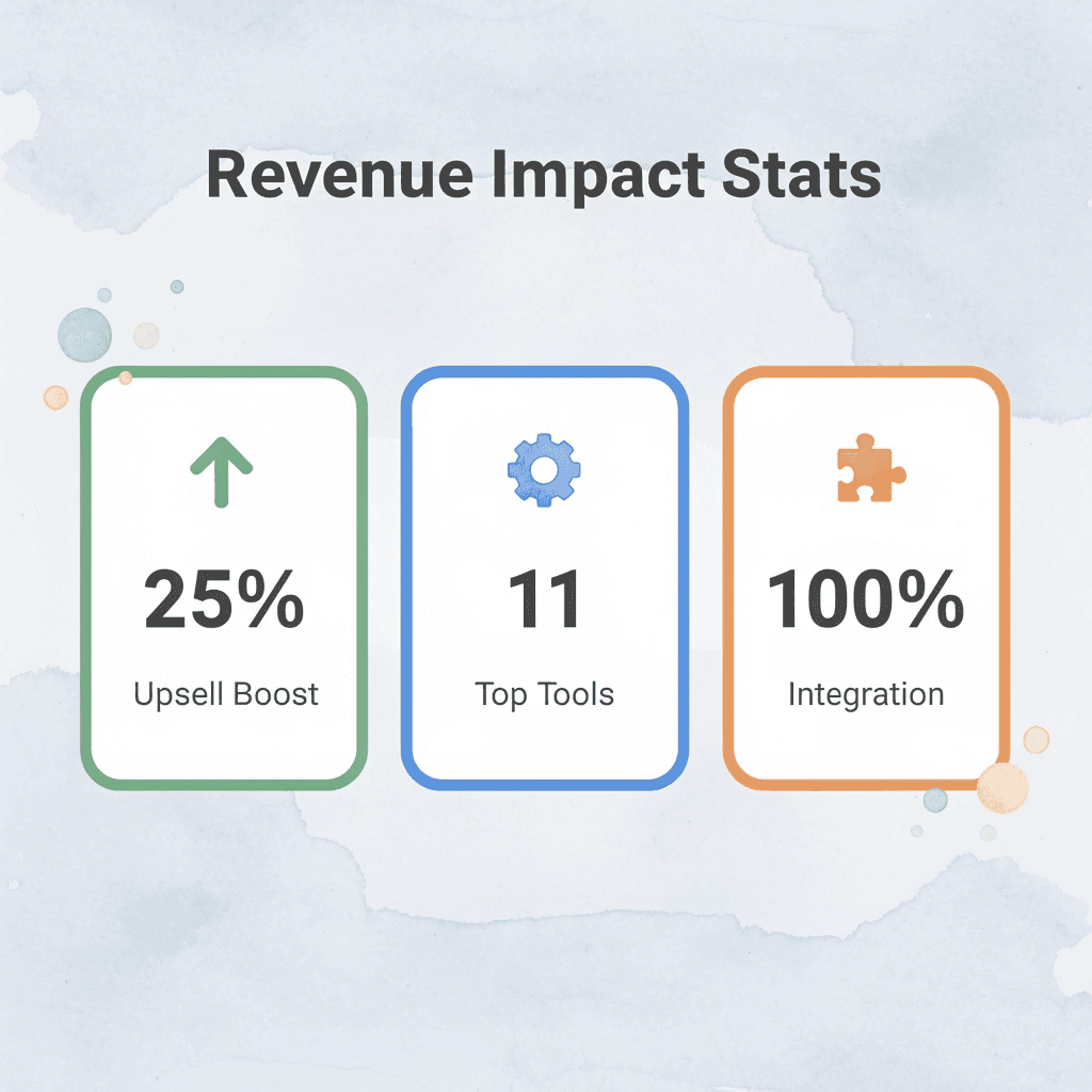 Statistics showing 25% upsell revenue increase and tool metrics