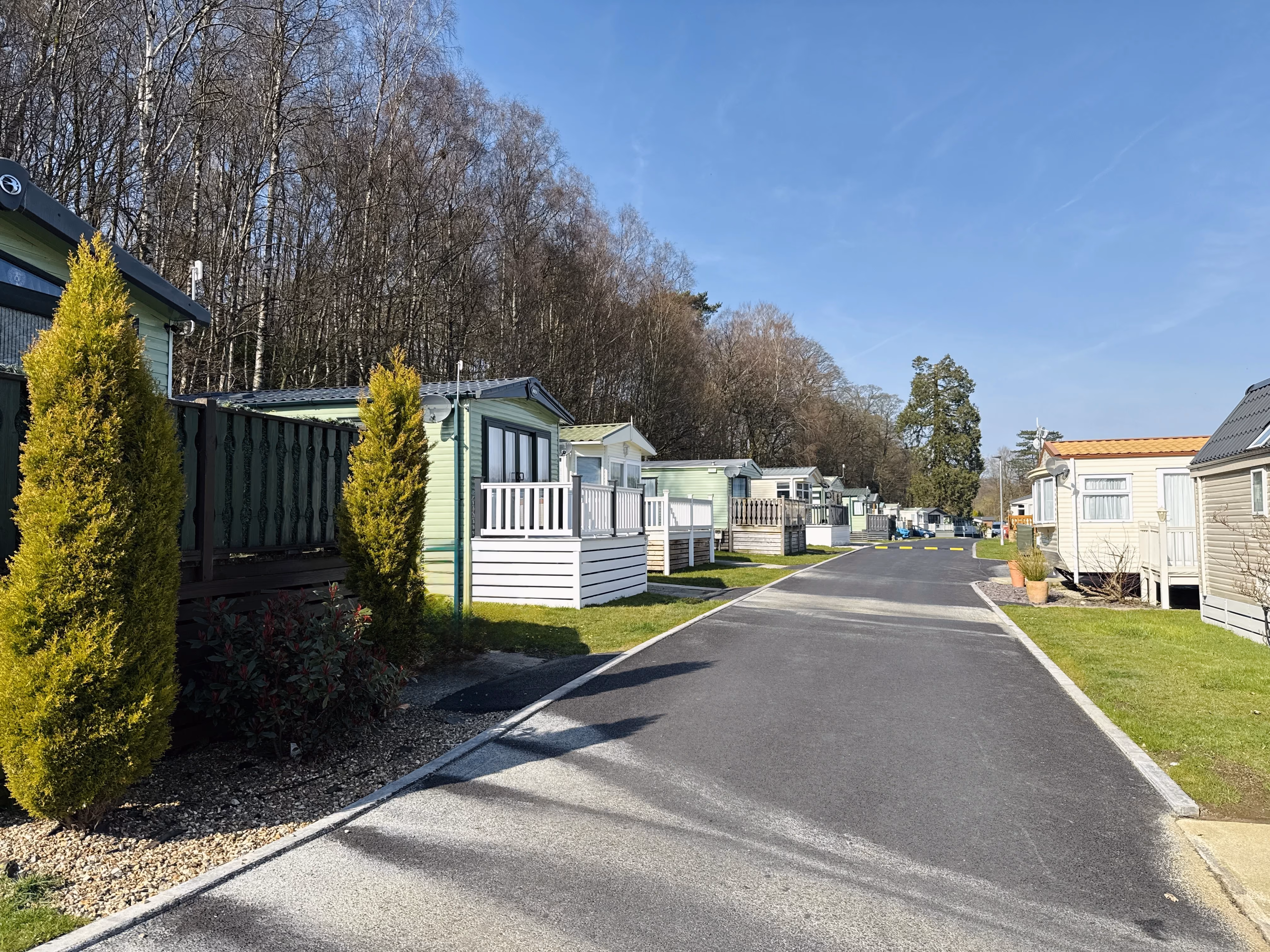 Mobile home park with green and white trailers lined up along a road