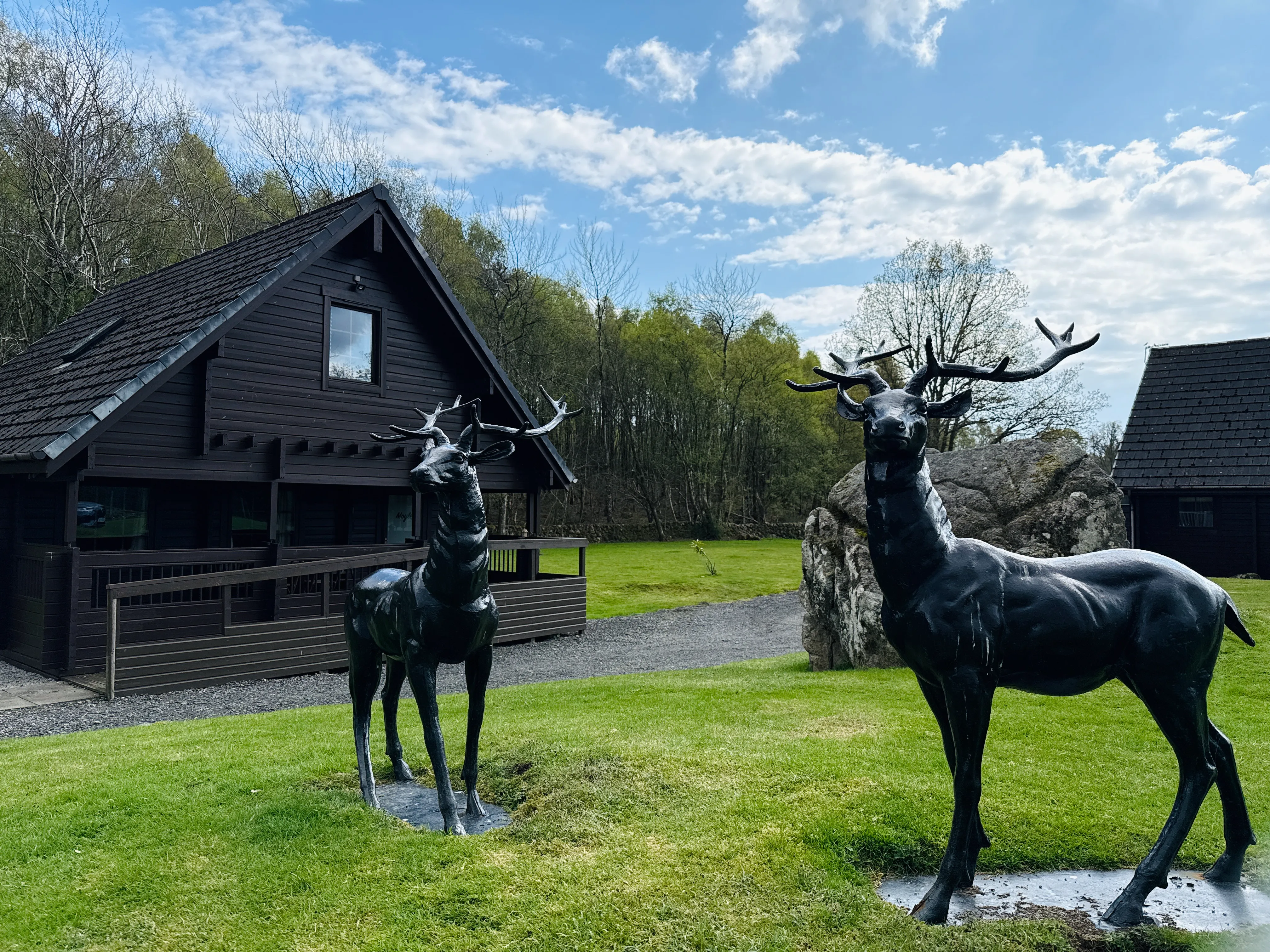 Two black deer statues on grass with wooden cabins in background