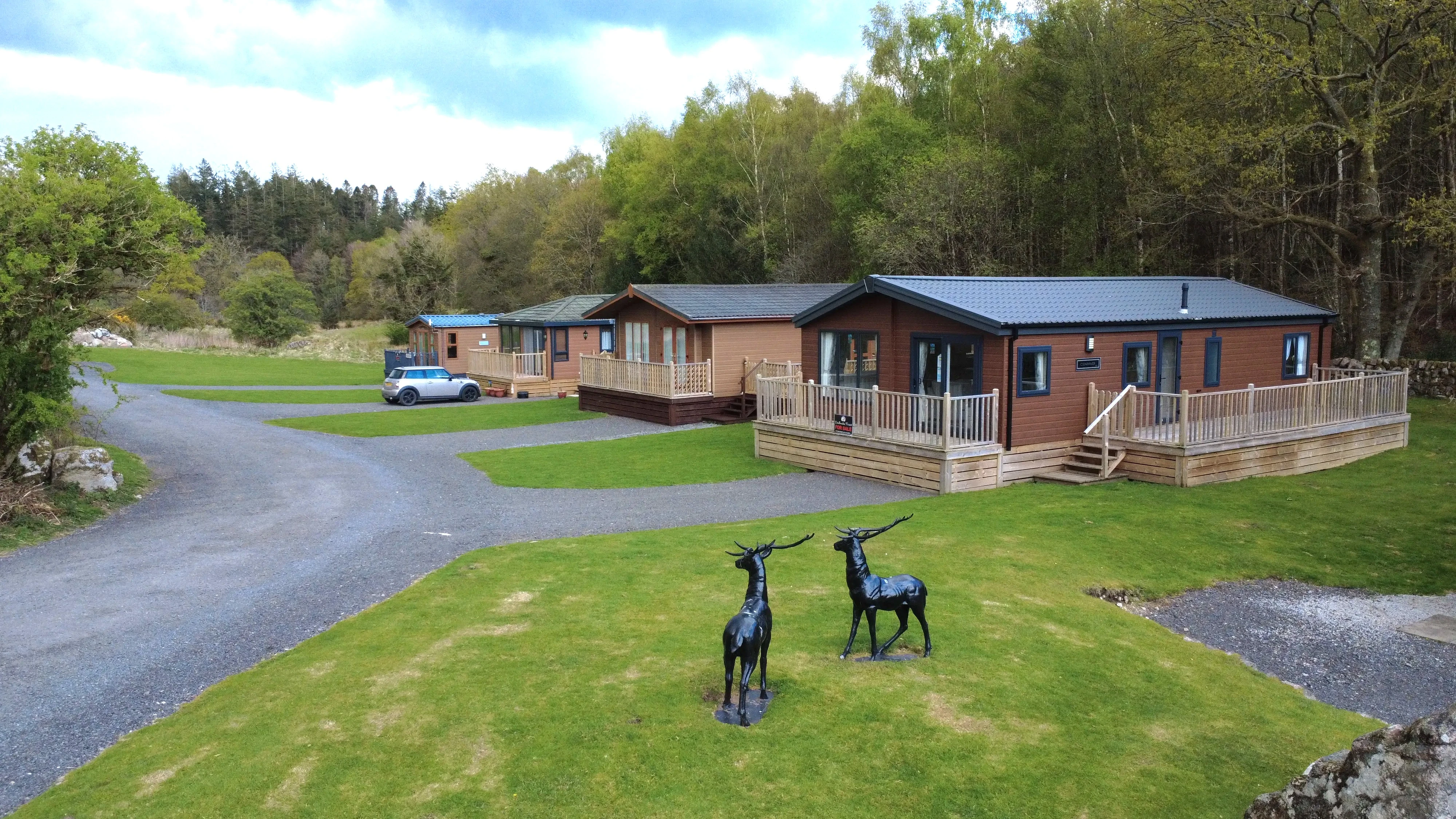 Wooden cabins with deer statues on green lawn surrounded by forest