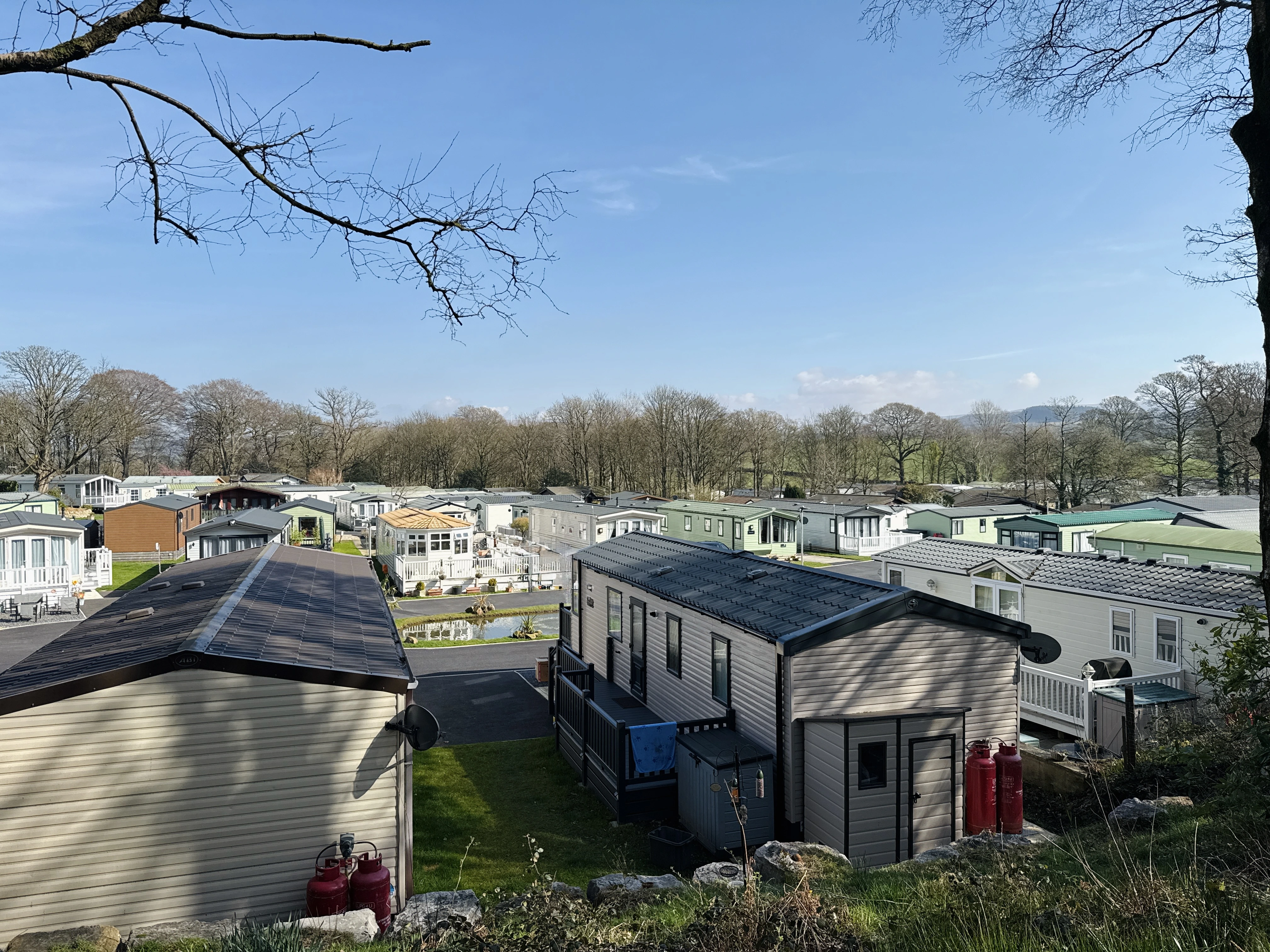 Trailer park with mobile homes nestled among trees on a clear day