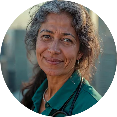 A woman with a stethoscope on her neck.