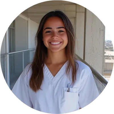 A woman in a white lab coat smiling at the camera.