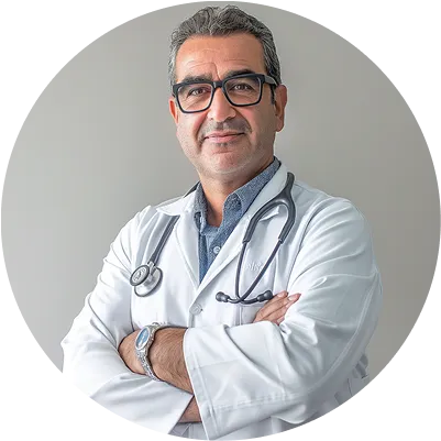 A man in a white lab coat with a stethoscope.