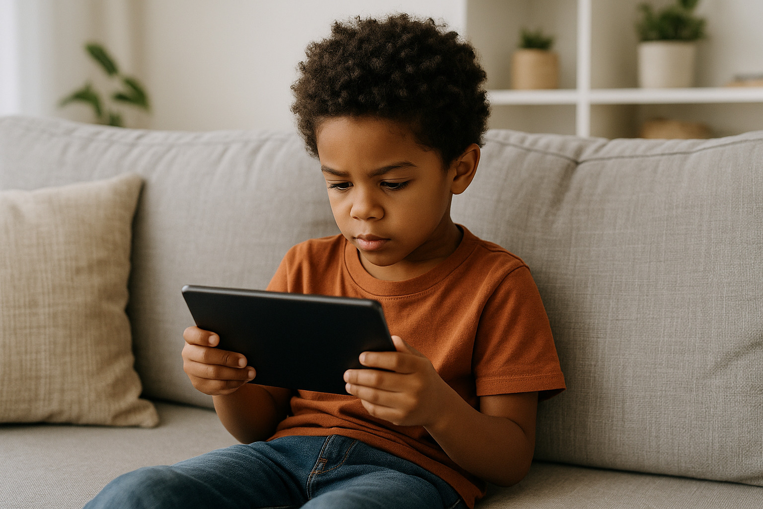 Young child using tablet indoors during the evening