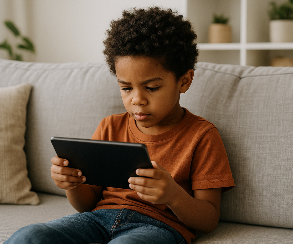 Toddler sitting on couch with digital device in hand