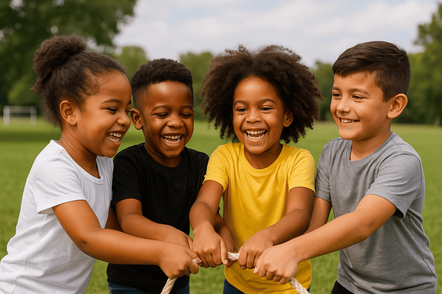 Children laughing and working as a team in a group game, promoting social connection.