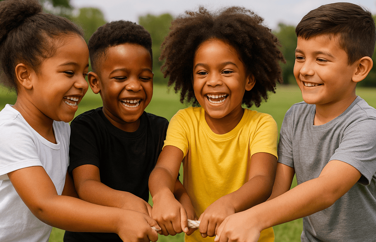 Happy kids practising teamwork and communication in a fun physical group activity.