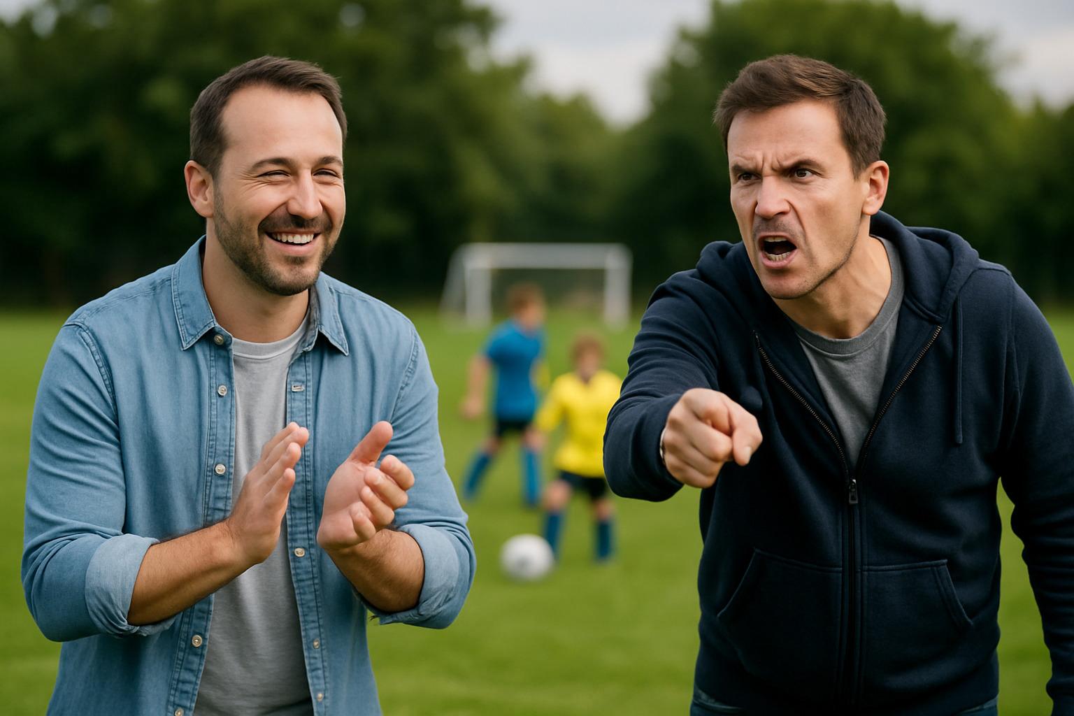 Two fathers showing contrasting sideline behavior during youth soccer match—one supportive, one intense.