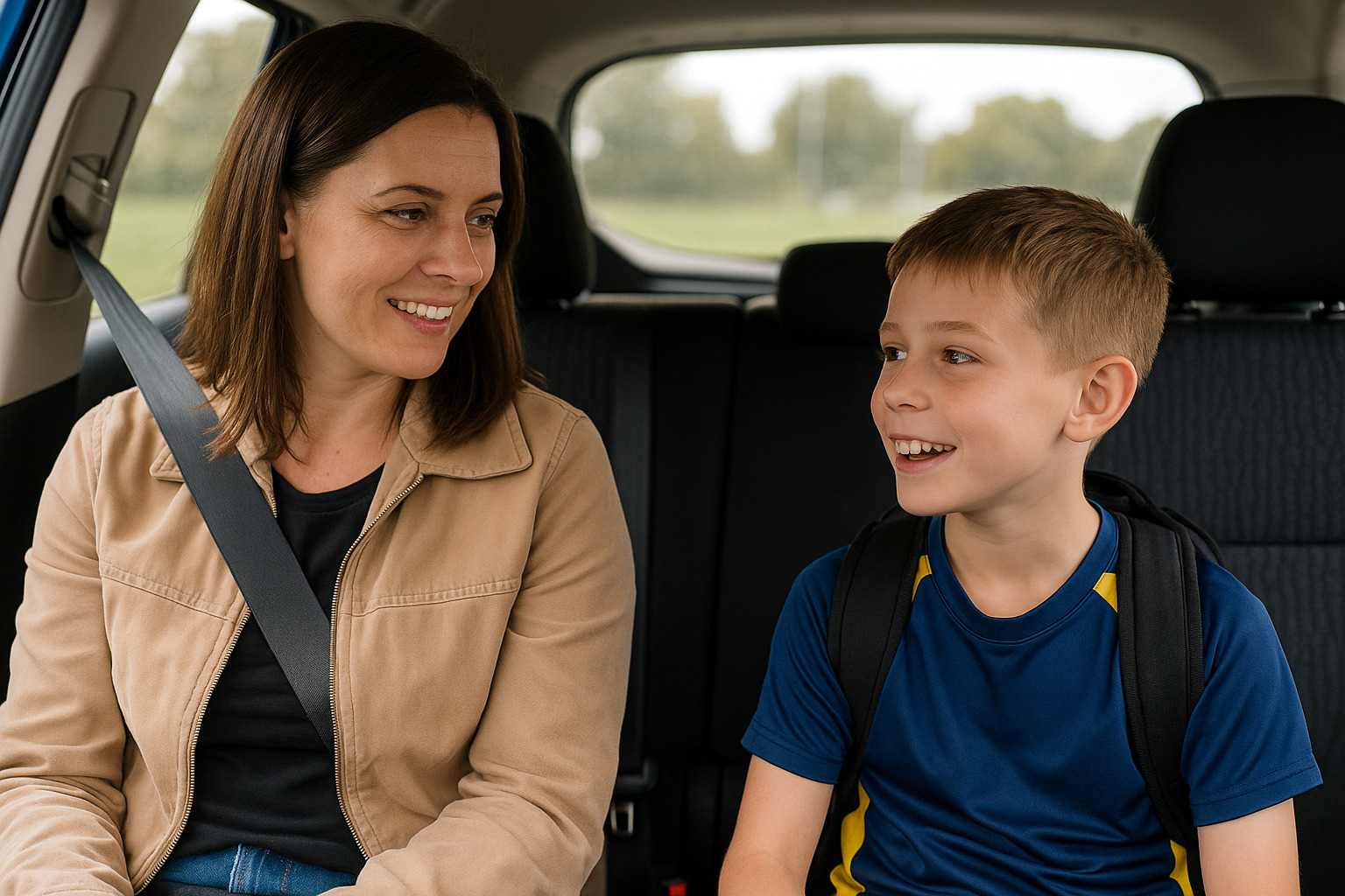 Mother and son smiling in car after soccer practice, reflecting a positive post-game connection
