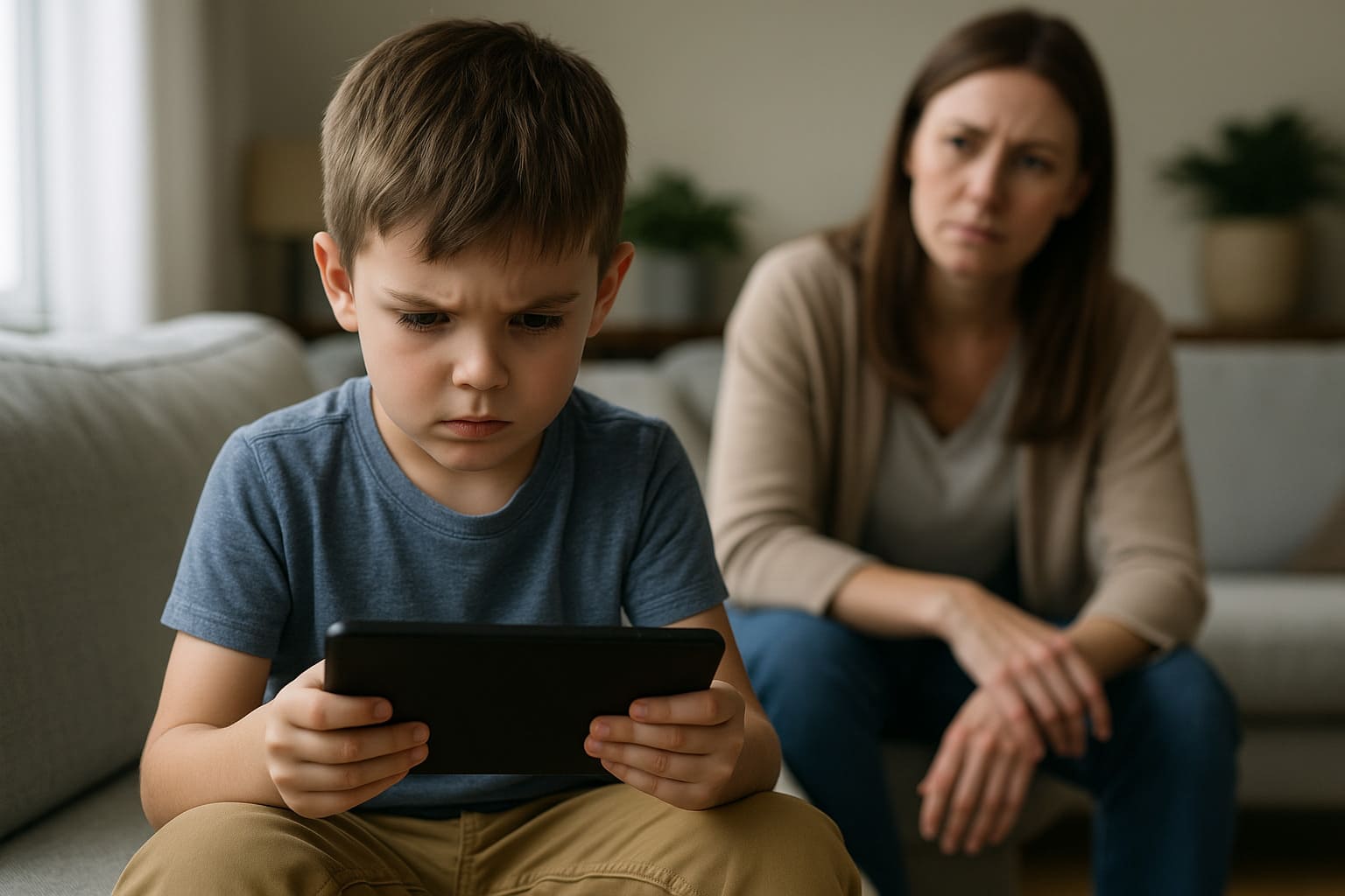 Child focused on tablet while parent looks concerned about screen time