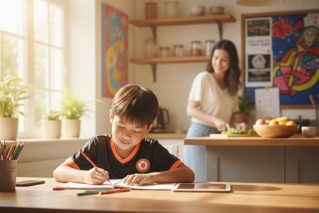 Child balancing homework with soccer ball nearby, showing school and sports routine.