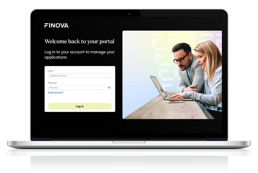 A laptop showing the log in screen to the Finova Broker CRM Customer Portal