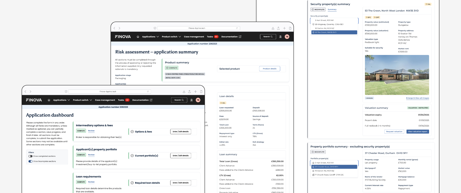 Various screenshots of the Lending software including the Risk Assessment application summary screens