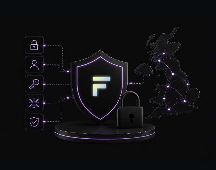 A graphic with a security style, a shield, icons, padlock and UK outline
