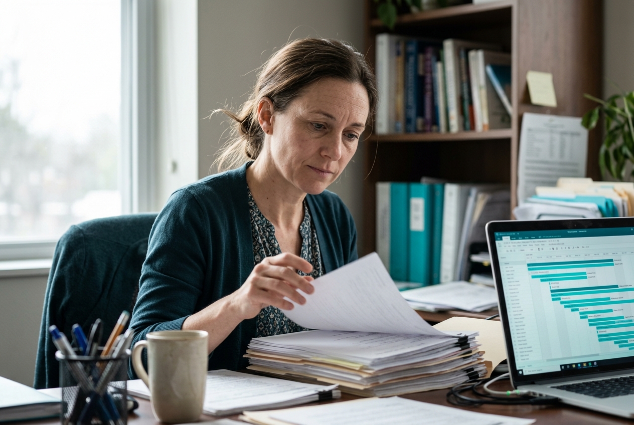 Life care planner reviewing medical records with AI assistance