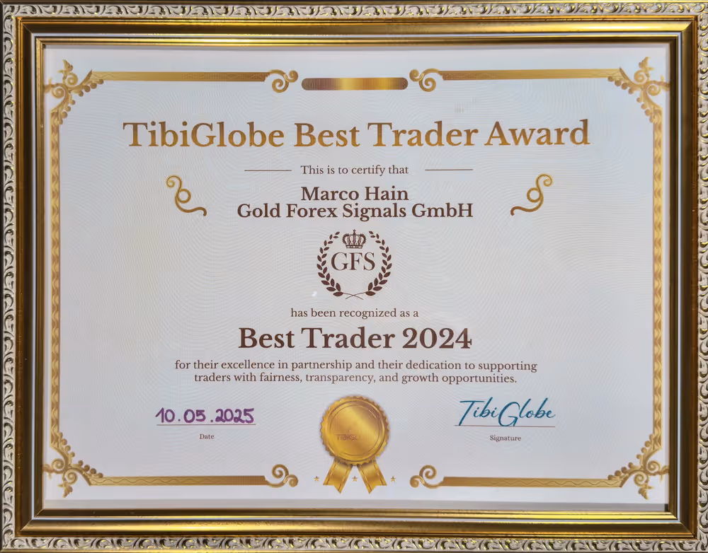 TibiGlobe Best Trader Award certificate for Marco Hain, Gold Forex Signals GmbH, Best Trader 2024.