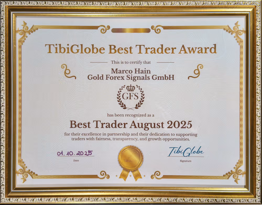 TibiGlobe Best Trader Award certificate for Marco Hain of Gold Forex Signals GmbH, dated October 1, 2025.