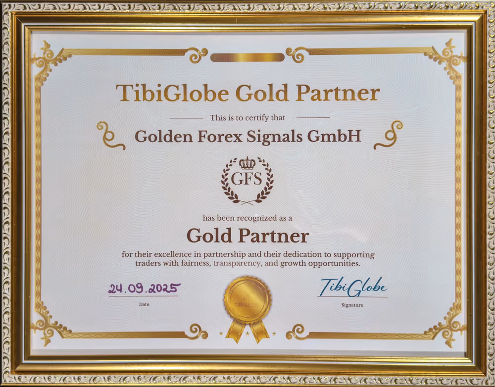 Zertifikat der TibiGlobe Gold Partner mit Auszeichnung für Golden Forex Signals GmbH, unterschrieben und datiert.